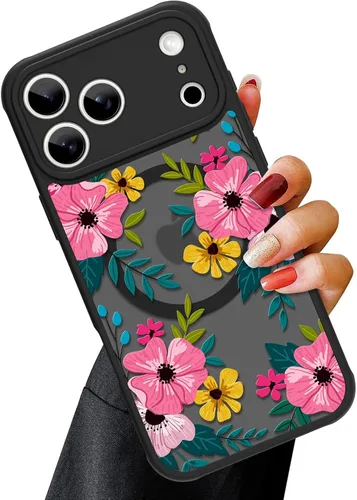 Vista 47 de OOK Funda magnética para iPhone 13 Pro Max [compatible con MagSafe] Funda delgada translúcida mate con flor silvestre negra, protección para lente