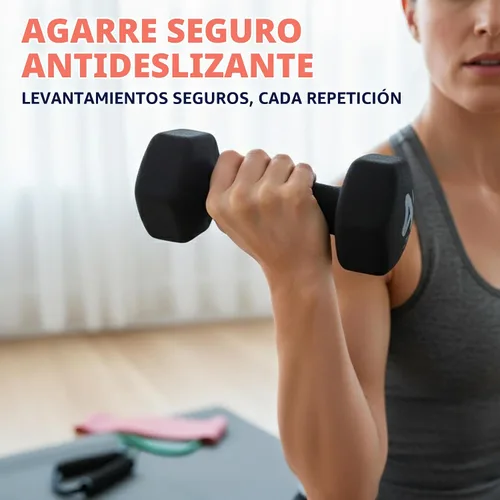 Vista 5 de SQUATZ Juego de mancuernas con soporte, pesas recubiertas de neopreno de 32 libras en color gris, negro y naranja, forma hexagonal antideslizantes