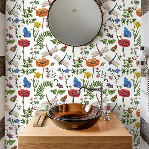 Vista 4 de VaryPaper Papel tapiz floral brillante de 17.7 x 78.7 pulgadas, para pegar y despegar, papel tapiz bohemio de hojas de musgo, libélula, mariposa