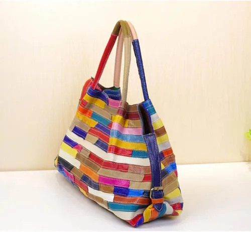 Vista 6 de Bolso Boston multicolor para mujer, de cuero genuino, colorido, grande, bolso de mano