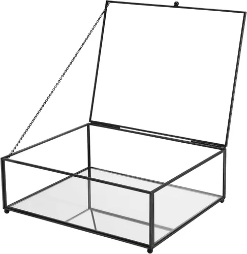 Vista 10 de REDHUGO Cajas grandes de vidrio para exhibición hechas a mano, parte inferior con espejo, caja de joyería de cristal con tapa, para libros, fotos