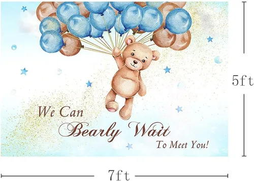Vista 3 de MEHOFOND Telón de fondo de baby shower con texto en inglés "We Can Bearly Wait to Meet You" de 7 x 5 pies, globos azules y marrones, purpurina