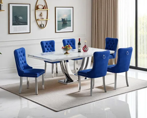 Vista 40 de SSLine Juego de mesa de comedor de mármol sintético blanco de 68 pulgadas