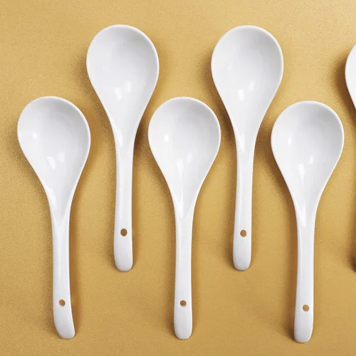 Vista 7 de Buyajuju Mini cucharones de porcelana, cucharas grandes de sopa de 9 pulgadas, 6 cucharones blancos de primera calidad para guisos, fideos chinos