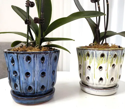Vista 5 de Macetas para Orquídeas de 4.9 pulgadas Macetas Redondas de Cerámica para Orquídeas con Agujeros Juego de 2 (Azul Cielo+Blanco con Verde Limón)