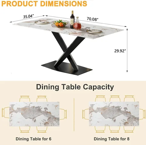 Vista 2 de Mesa de comedor moderna para mesas de cocina y comedor de mármol blanco de 70 pulgadas, mesa de comedor rectangular moderna con mesa de mármol