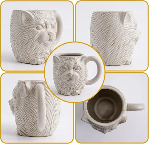 Vista 3 de Taza de café de cerámica de gato blanco de 20 onzas, taza de café grande de cerámica, taza con patrón de gato 3D novedoso para café, té, cacao