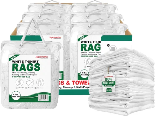 Vista 12 de Trapos de Limpieza Premium de Camisetas Blancas (Bolsa de 1 libra) – Trapos de Algodón Blanco para Limpieza, Teñido, Pintura, Aceite, Grasa
