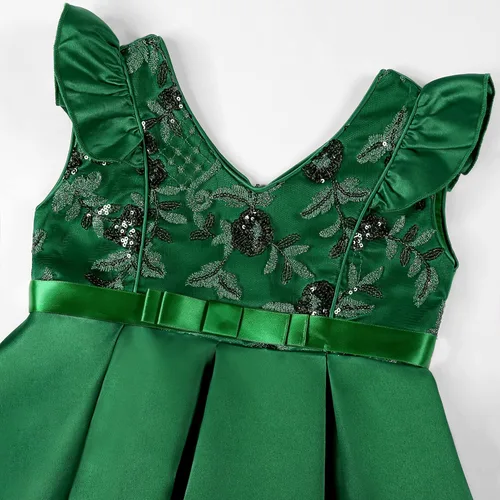 Vista 4 de Vestido de niña hasta la rodilla, hombros inclinados, dama de honor, boda, princesa, lazo para niños, fiesta de cumpleaños