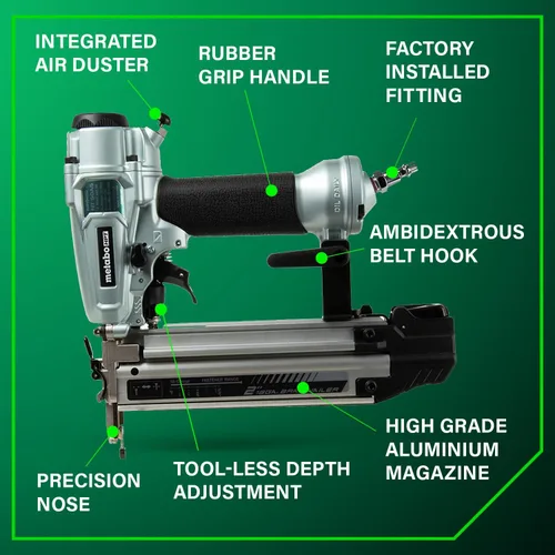 Vista 4 de Metabo HPT Clavadora Pro Brad, clavadora neumática de acabado profesional preferida por profesionales para trabajos de molduras, construcción