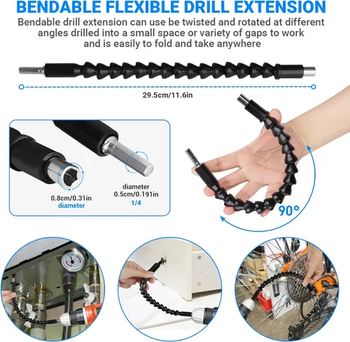Vista 2 de Juego de 32 piezas de extensión de broca flexible, adaptador de enchufe hexagonal de 1/4 3/8 1/2 pulgadas con junta giratoria, accesorio de taladro