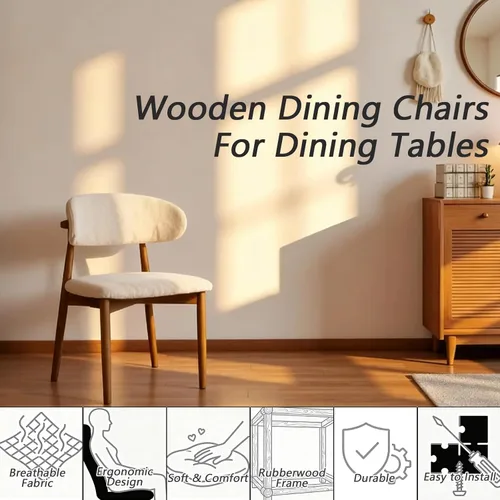 Vista 6 de Sillas de comedor tapizadas modernas, asiento de tela beige con patas de madera, sillas auxiliares de cocina contemporáneas, juego de 2