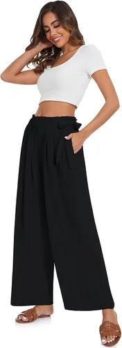 Vista 2 de UEU Pantalones casuales de pierna ancha para mujer, de verano, cintura alta, nudo lateral, ligeros, sueltos, holgados, con bolsillos, Negro
