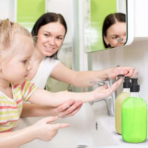Vista 5 de Dispensador de Botella de Bomba de Plástico Transparente de 10 Onzas, Envase de Botella Vacía Recargable con Bomba para Aceite Esencial, Jabón