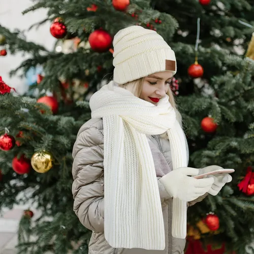 Vista 7 de Hicdaw Gorros de invierno para mujer, bufanda, guantes de invierno para mujer, gorro largo con forro polar, guantes para pantalla táctil