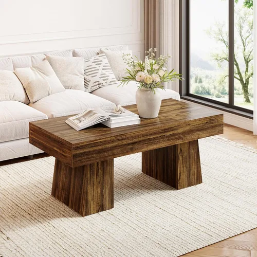 Vista 11 de LITTLE TREE - Mesa de café de granja, mesas de centro rectangulares de madera de 47 pulgadas con base gruesa, muebles modernos de cóctel y té