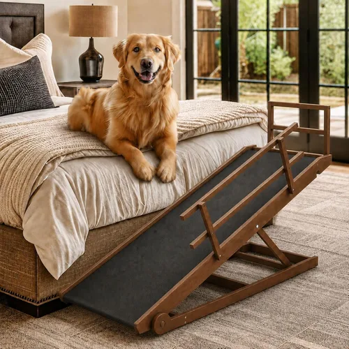 Vista 10 de Rampa para perros para cama, rampa de madera ajustable para mascotas de 46 Beige