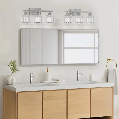 Vista 6 de comzler Lámpara de baño de 3 luces sobre espejo, aplique de pared de cristal de níquel cepillado con base E26 para espejo, cocina, sala de estar