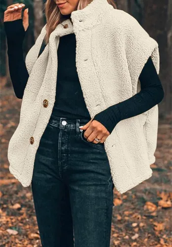 Vista 61 de Hongqizo - Chaleco de forro polar mullido para mujer, casual, de gran tamaño, cálido, con botones, chaqueta de sherpa con bolsillos