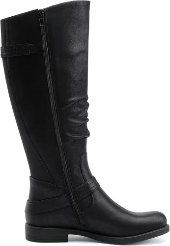 Vista 3 de EETTARO Botas de media pantorrilla para mujer, botas elásticas de tacón bajo hasta la rodilla, botas de invierno con cremallera lateral