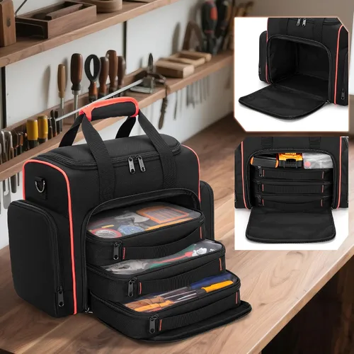 Vista 2 de Bolsa de herramientas Marscamd con 3 estuches extraíbles, bolsa de herramientas de 2 capas para herramientas manuales, negra con ribete rojo