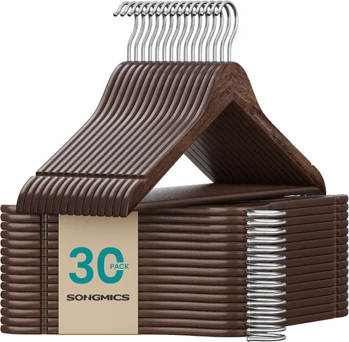 Vista 11 de SONGMICS Perchas de madera, paquete de 20, perchas para abrigos, barra para pantalones, ganchos giratorios de 360°, madera de abedul maciza, 0.3
