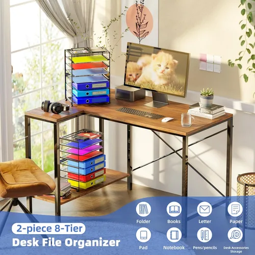 Vista 7 de Simple Trending – Organizadores de archivos de escritorio de 8 niveles, juego de 2, de malla metálica para oficina o escuela, color negro