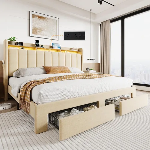 Vista 18 de SHA CERLIN Base de cama de plataforma de tamaño matrimonial con cabecera de canal vertical copetuda y 2 cajones de almacenamiento, estantes de 2