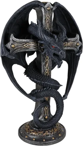 Vista 5 de Ebros Gift Fantasía medieval Bahamut Demon Guardian Altar Drake Dragón Enrollado En Celta Nudo Cruz Crucifijo Taper Candleholder Desktop Figurine