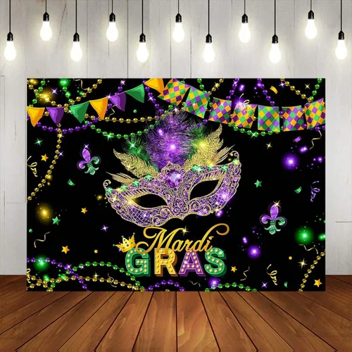 Vista 5 de Mocsicka Mardi Gras - Telón de fondo con purpurina dorada y verde púrpura, máscara de fiesta de máscaras, decoración de fiesta de carnaval, baile