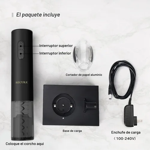 Vista 7 de Secura Abridor de vino eléctrico, sacacorchos eléctrico automático de botellas de vino con cortador de papel de aluminio, recargable (negro)