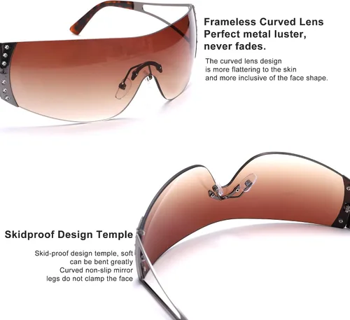 Vista 4 de Gafas de sol Y2K envolventes para mujeres y hombres, gafas de sol con parte superior plana, gafas de sol futuristas sin marco con lentes degradadas