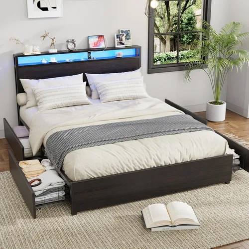 Vista 2 de Kiivakii Base de cama de tamaño matrimonial con cabecero, plataforma LED con 4 cajones de almacenamiento, estación de carga integrada, sin ruido