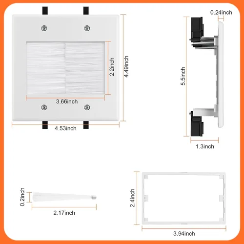 Vista 6 de Kit de organización de cables de pared con placa de pared de cepillo, salidas de CA y puertos USB-A+USB-C, cable de 9 pies, salida de pared