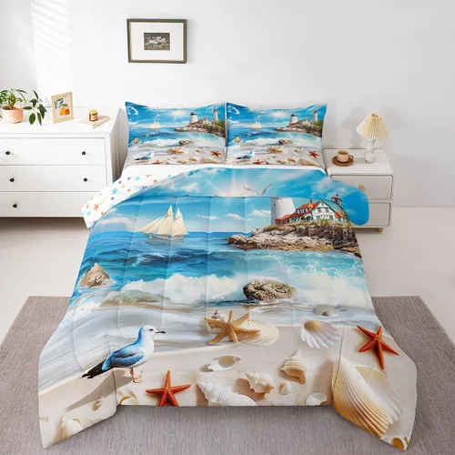 Vista 15 de Castle Fairy Juego de edredón de verano para niños, tamaño individual, diseño náutico reversible con diseño náutico de estrellas de mar, barco y Azul