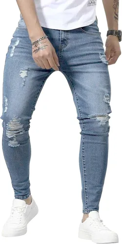 Vista 7 de HUNGSON Skinny Jeans for Men Stretch Slim Fit Ripped Distressed 2024-azul