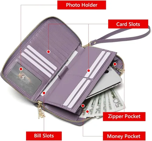 Vista 3 de FOXLOVER Carteras de cuero genuino para mujer, carteras de embrague con cremallera RFID con pulsera