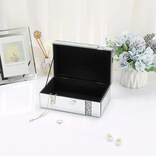 Vista 4 de ELLDOO Joyero de cristal con espejo con decoración de tiras de diamantes triturados, caja organizadora de lujo para baratijas, caja decorativa, caja