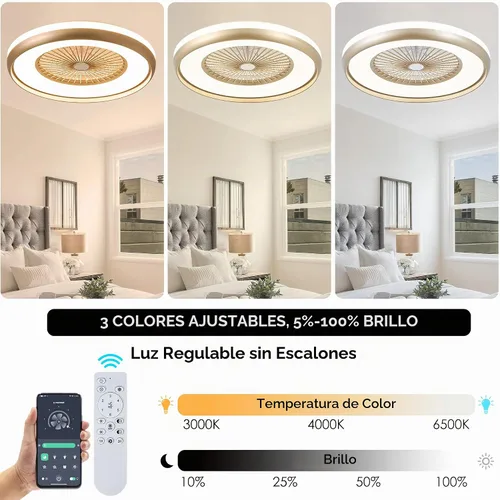 Vista 3 de Ventilador de techo sin aspas de 24 pulgadas con control remoto de luz, ventiladores de techo LED inteligentes con control de aplicación, ventilador