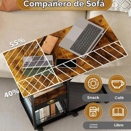 Vista 5 de Mesa de centro rodante con parte superior de madera doble ancha de gran tamaño, bandeja de TV móvil con cajón de almacenamiento y ruedas para sofá