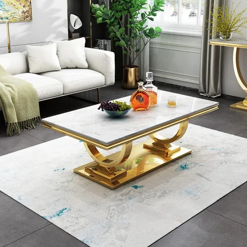 Vista 11 de Mesa auxiliar moderna de mármol sintético, mesa auxiliar de mármol sintético con marco geométrico, mesa central rectangular de mármol, mesa de té