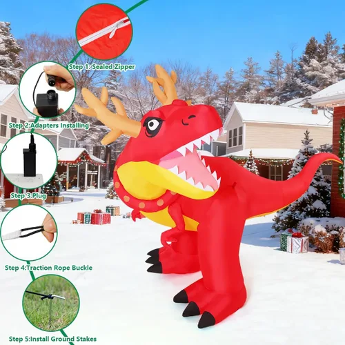 Vista 4 de COMIN - Adornos inflables de Navidad de 1.8 m para exteriores, dinosaurio con cuernos navideños, inflables con LED integrados para decoración