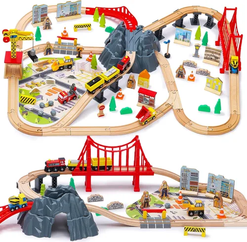 Vista 9 de SainSmart Jr. Juego de tren de madera de 50 piezas, tren de juguete con exquisita caja, juego de pista de tren de madera apto para las principales