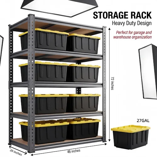 Vista 2 de 3000LBS Heavy Duty Garage Shelving, Real 0.8mm Single-Layer Steel Frame, 5-Tier Metal Storage Shelves (46" W x 20" D x 72" H), Adjustable Boltless