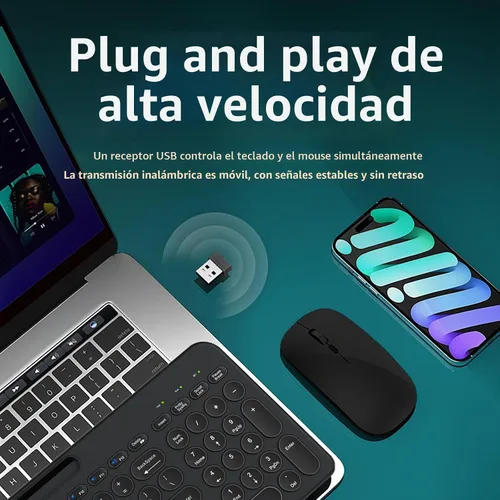 Vista 2 de Combo de teclado y mouse inalámbricos con soporte para tableta de teléfono, modo dual recargable (Bluetooth 5.0 y 3.0 +2.4G) mouse silencioso