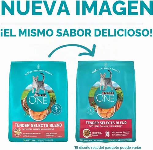 Vista 2 de Purina ONE Alimento seco natural para gatos, Tender Selects mezcla con salmón real, bolsa de 3.5 libras