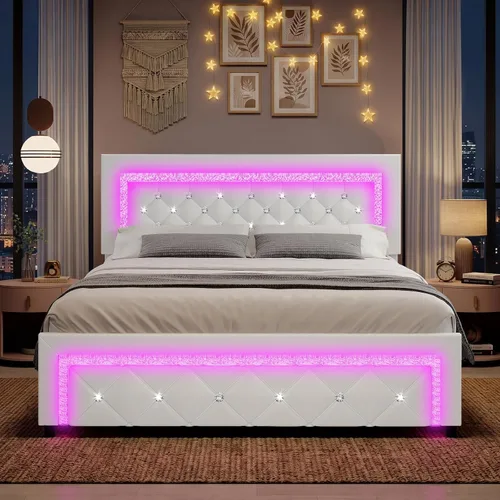 Vista 7 de BarnFurin Marco de cama Twin con luces LED, cama de plataforma tapizada con cabecera capitonada de diamante, no necesita somier, sin ruido, fácil