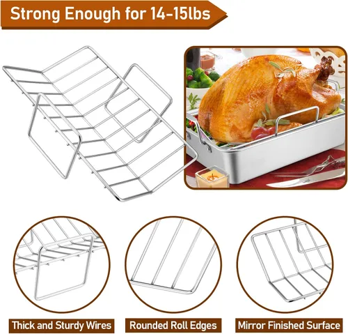Vista 5 de Sartén para asar con estante para pavo y pollo, sartén para asar de acero inoxidable Joyfair y estante en V para horno tostador, utensilio de horneo