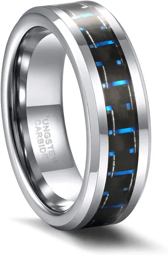 Vista 2 de TRUMIUM Anillo de tungsteno negro y azul de 0.236in, 0.315in, con incrustaciones de fibra de carbono para hombres y mujeres, talla 4-15, Tungsteno