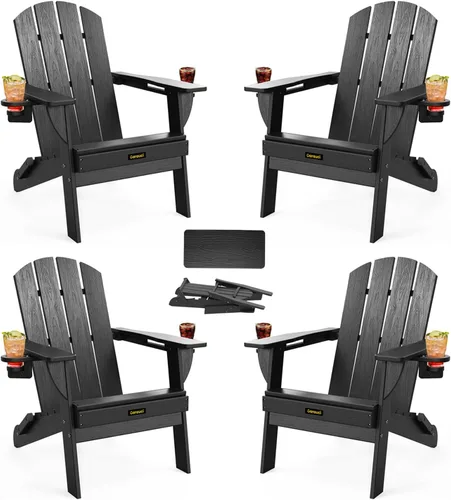 Vista 20 de Silla Adirondack Plegable, Sillas Adirondack de Plástico con Textura de Madera con 2 Portavasos, Silla para Hoguera de HDPE Resistente a